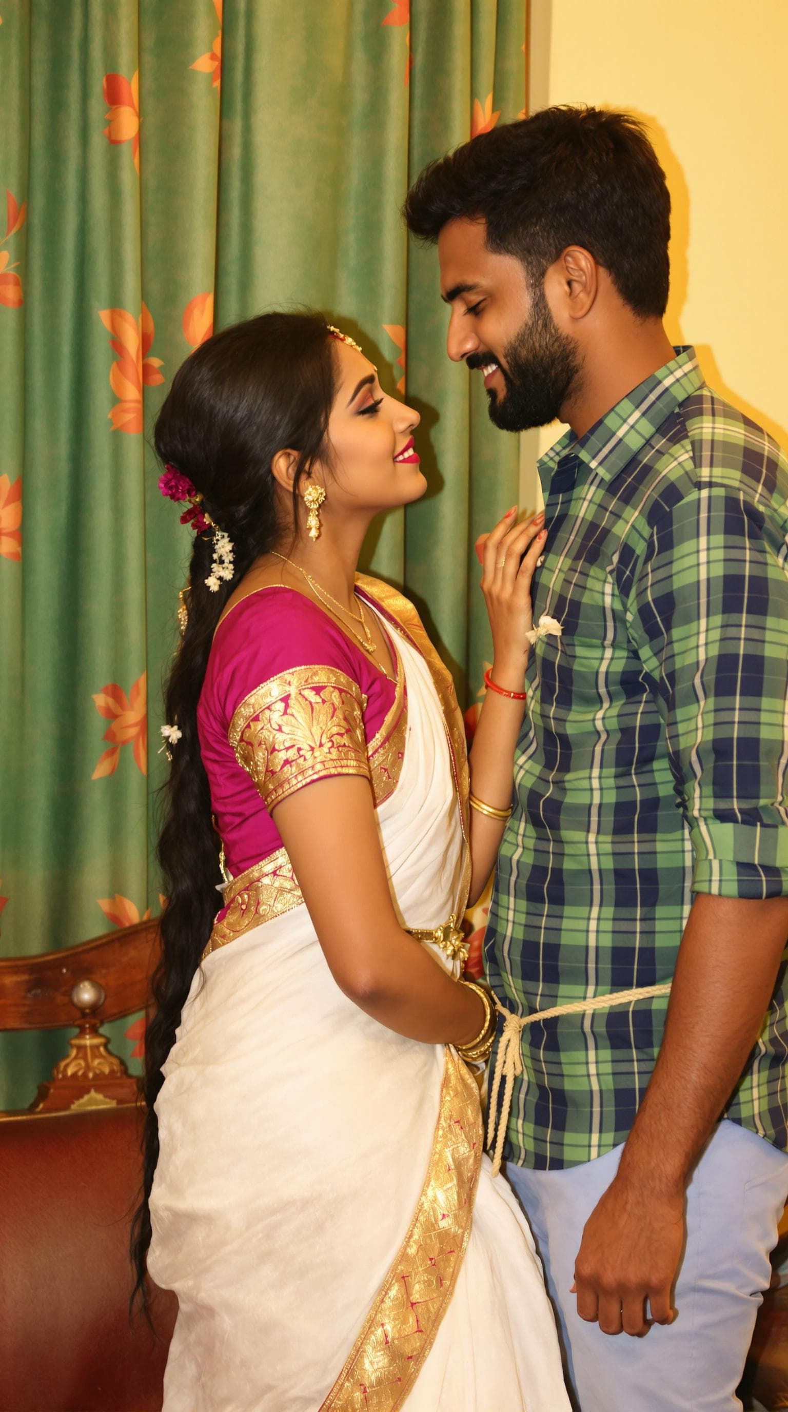 AI generated: A romantic South Indian couple in a cozy indoor setting. The girl, wearing a traditional magenta blo...