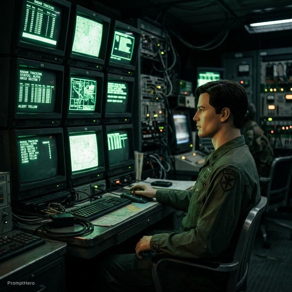 AI generated: Interior of a military control room, mannequin male figure in modest uniform sitting at a desk, mult...
