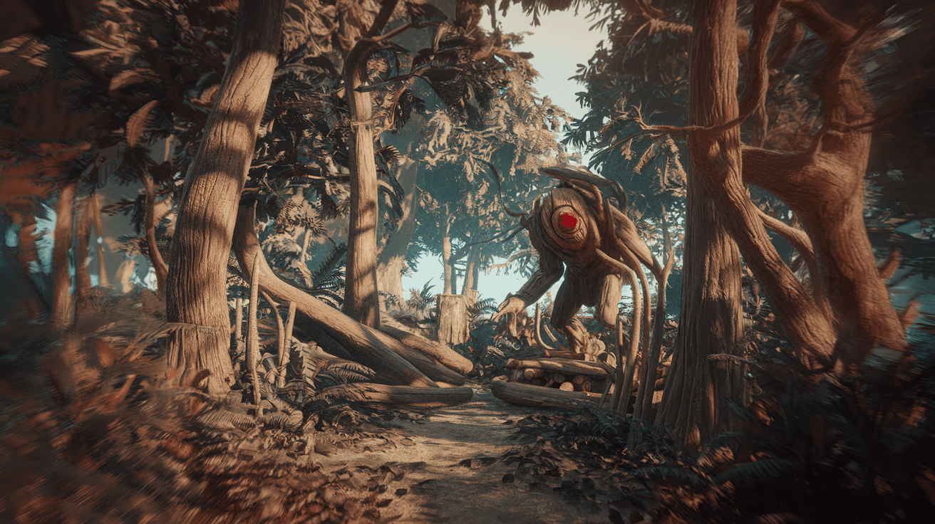 AI generated: a scary looking wood creature with a red eye, in the style of filip hodas, daz3d, sandy skoglund, na...