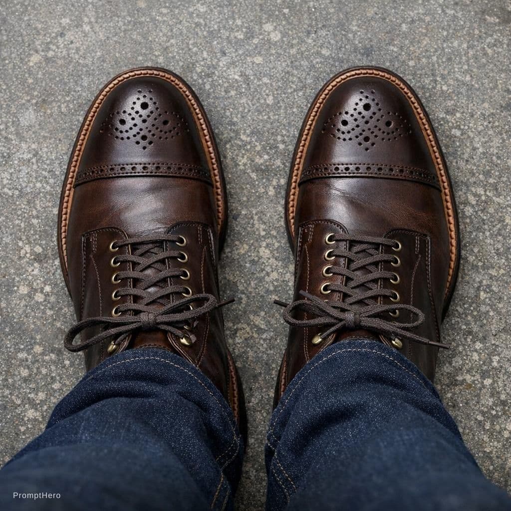 AI generated: down at shoes, dark brown lace up with medallion on the toe, alden boot, navy denim pants