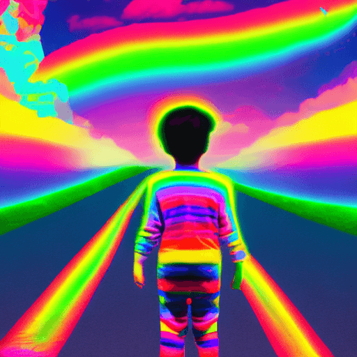 AI generated: A profile view of a very beautiful lsd vaporwave Little boy, with its shadow prominently cast on the...