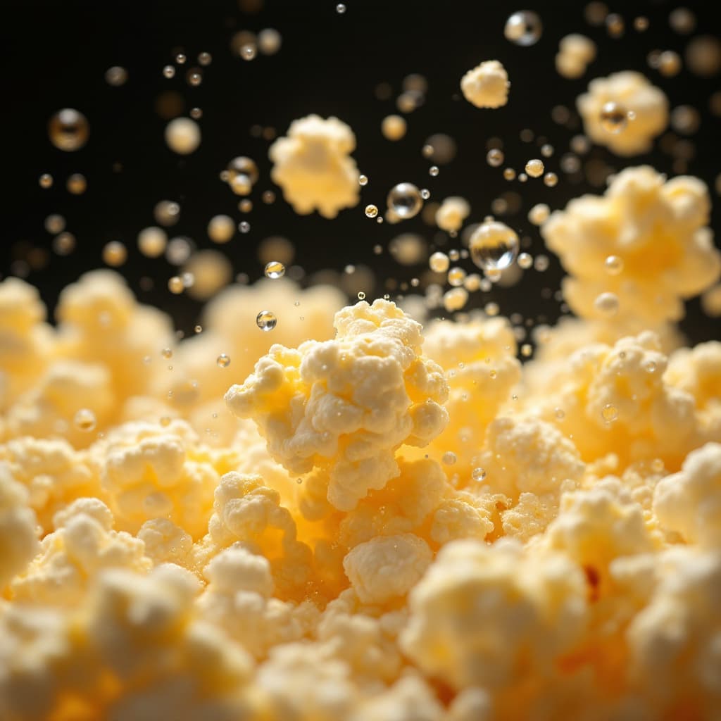 AI generated: close-up of popcorn kernel bursting, oil bubbles flying, cinematic motion --v 7 --style ultra-real -...