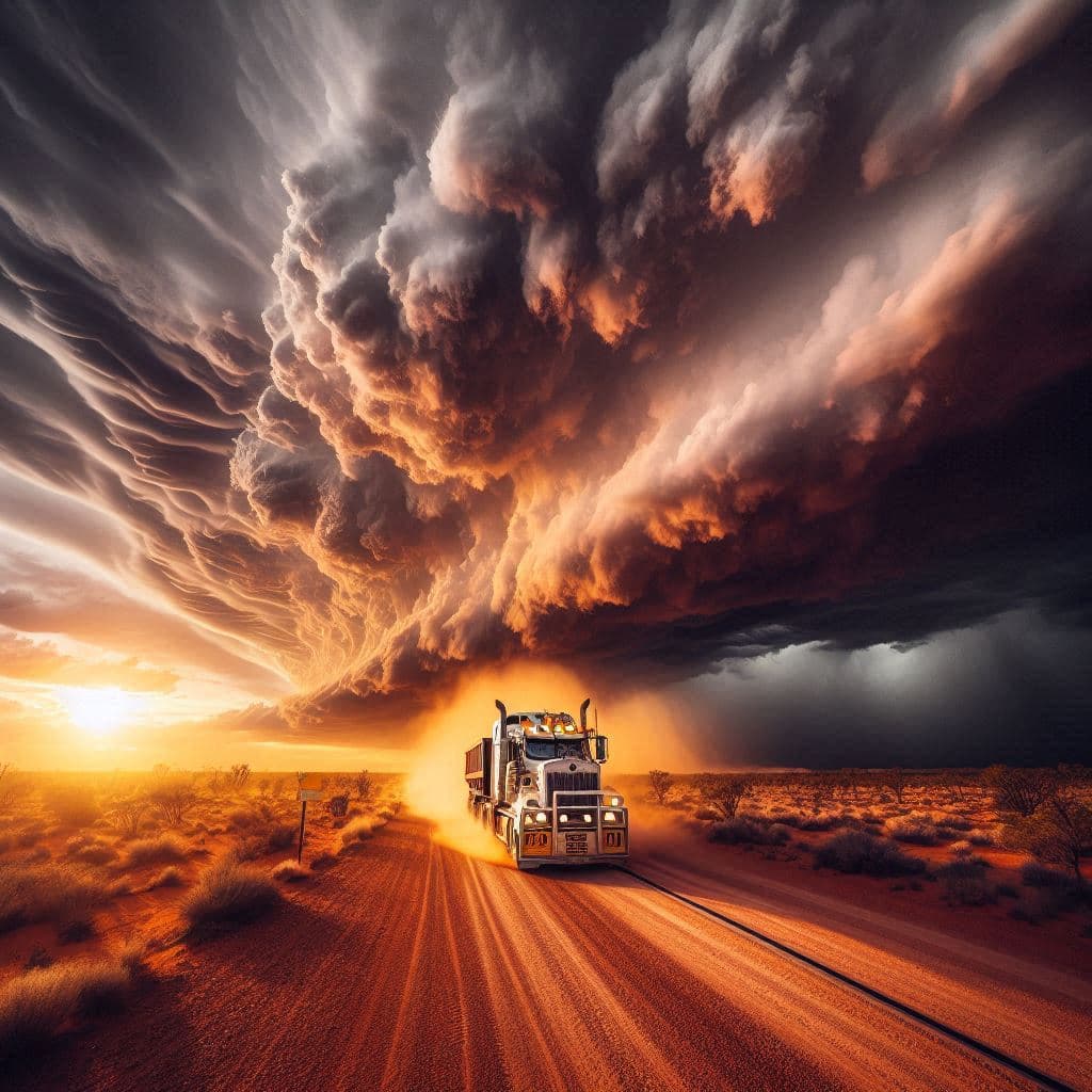 AI generated: An australian truck with two trailers at a gas station in the Outback, on a dusty road. Impressive l...