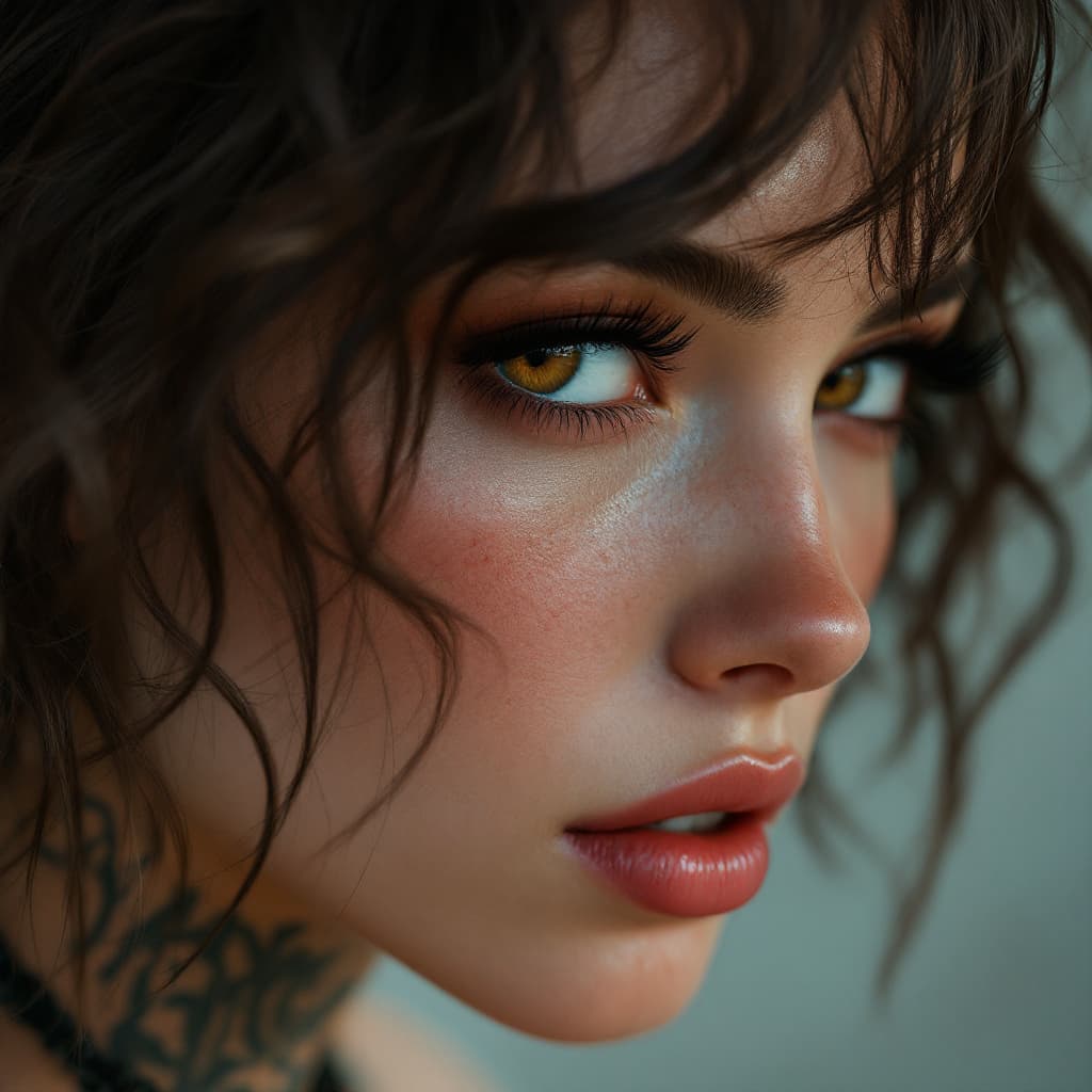 AI generated: Hyperrealism, extreme close-up Portrait of a beautiful, stunning unique female character, with short...