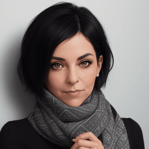 AI generated: A woman wearing a black top and a gray-toned patterned scarf is looking at the camera with her chin ...