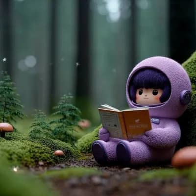 AI generated video: The kawaii toy is reading the book and fireflies come around