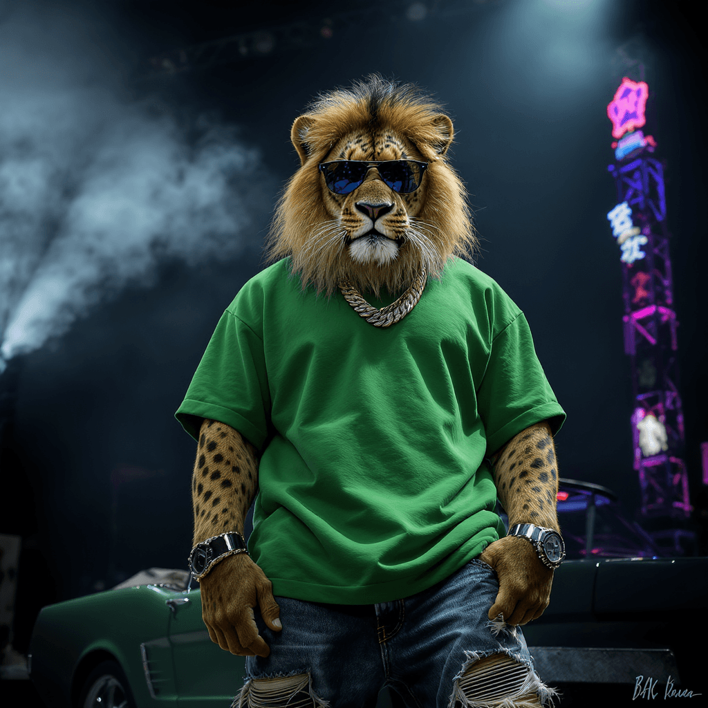 AI generated: A humanoid leopard   with fierce golden eyes, standing confidently on a concert stage under dramatic...