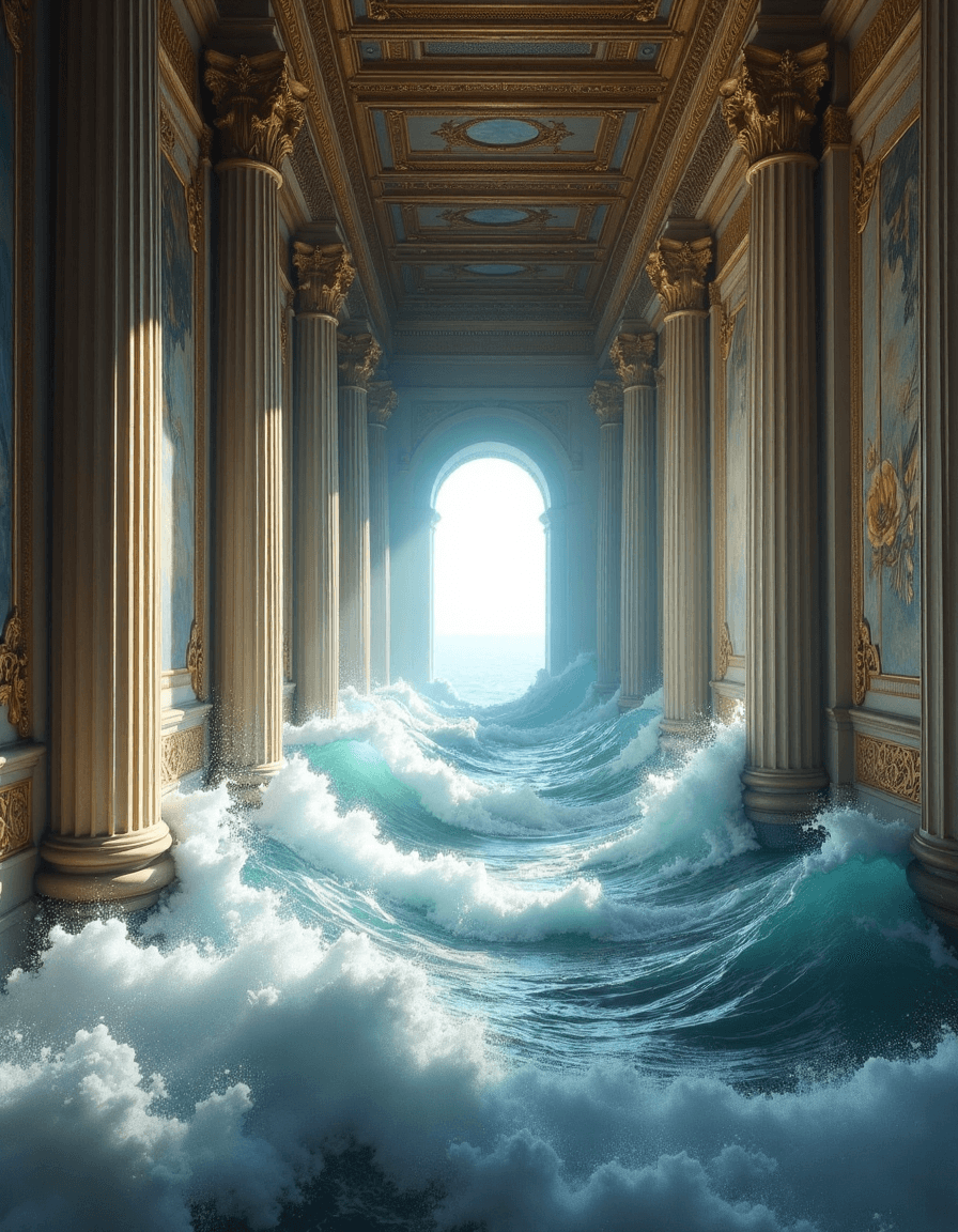 AI generated: Create a hyper-realistic scene of a grand, classical hallway inside an opulent palace. The hallway i...