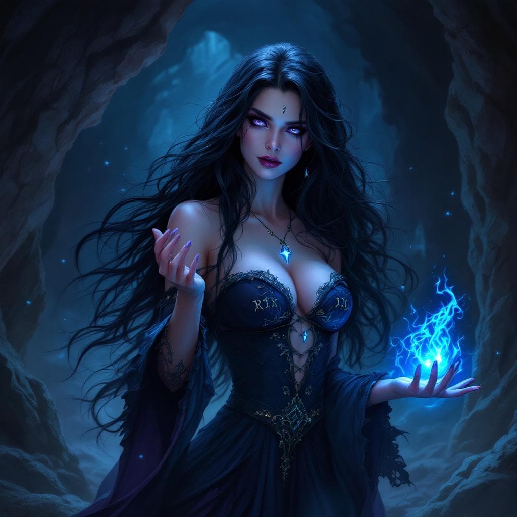 AI generated: A beautiful sorceress with raven hair and purple eyes casting a spell, glowing runes around her, dar...