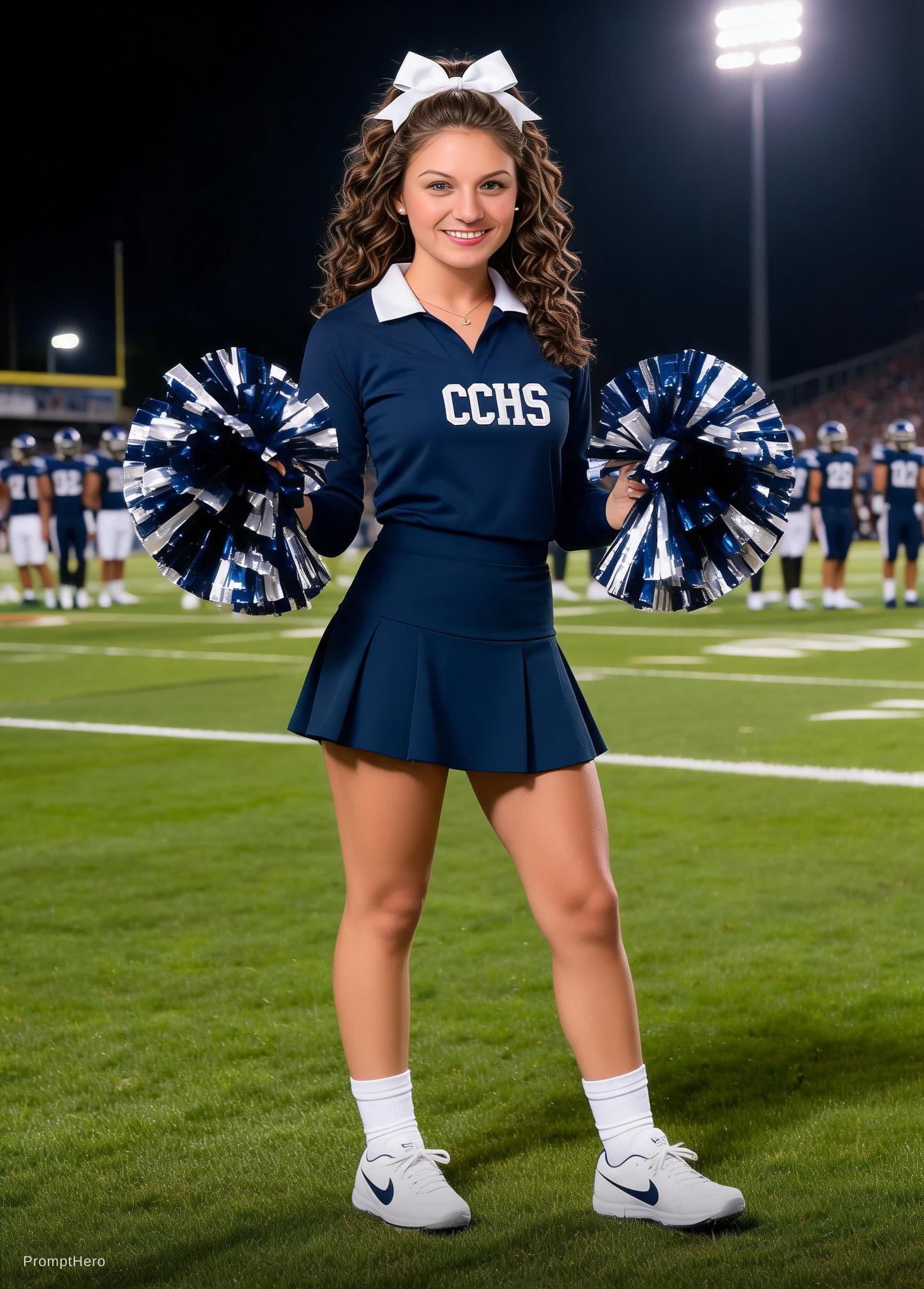 AI generated: Shapely, athletic female cheerleader with wavy shoulder length dark brown hair up in a ponytail with...