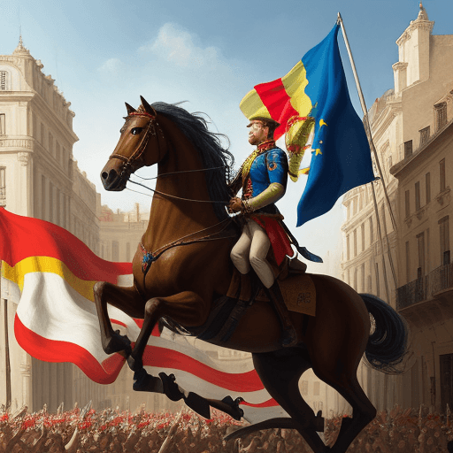 AI generated: Painting of: "freedom leading the people", but with a Spanish flag instead of a French one
