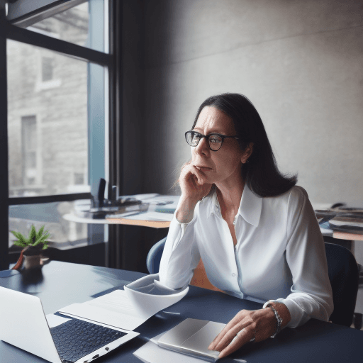 AI generated: Hyper realistic 40 year old French HR woman Director, full body shot, looking at her laptop, sitting...