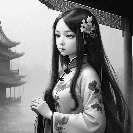 AI generated: dramatic angle,(fluttered detailed ink splashs), (illustration),(((1 girl))),(long hair),(rain:0.6），...