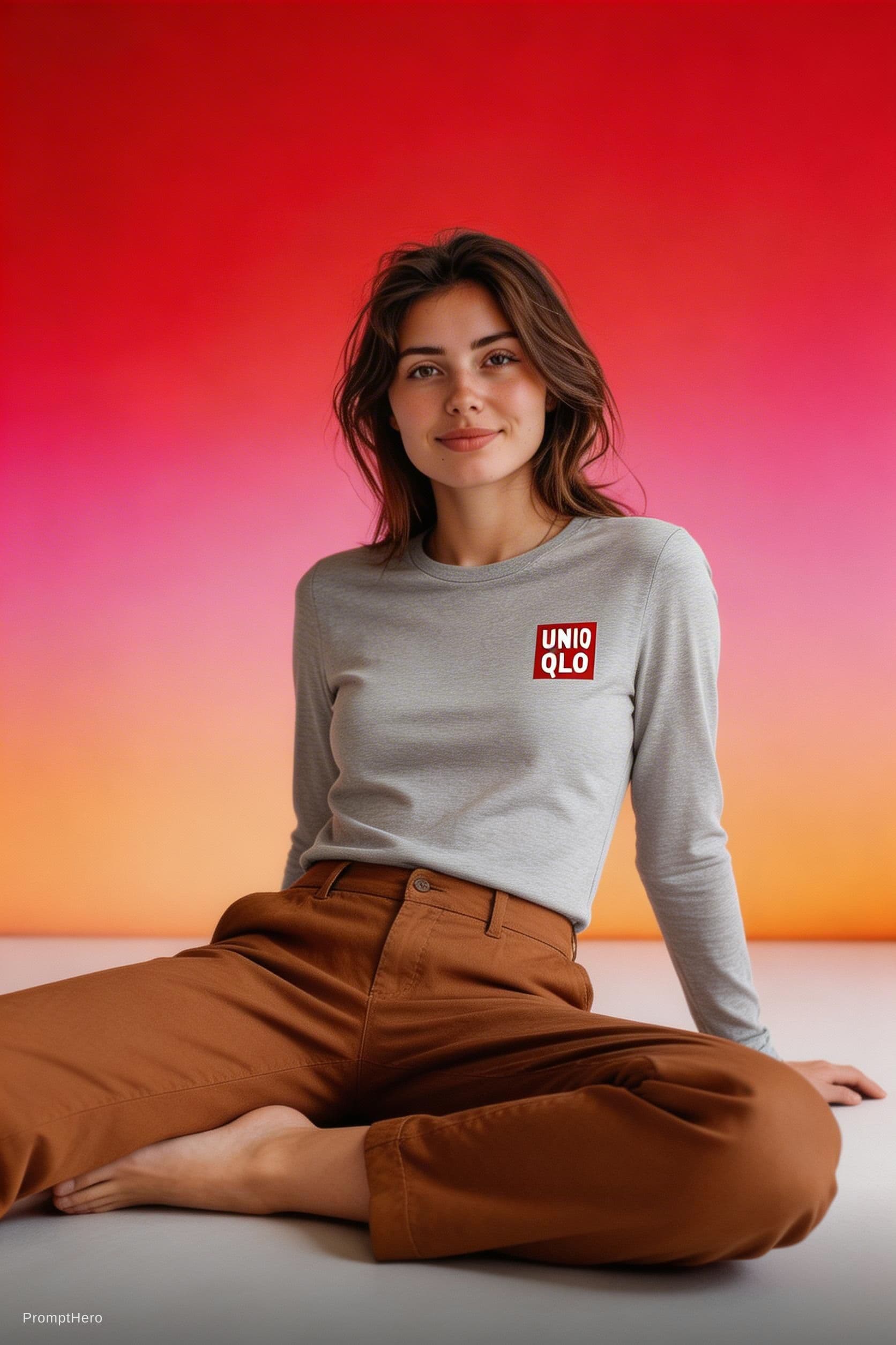 AI generated: wide and low angle, cinematic, fashion photography for the brand Uniqlo. Woman sitting on floor wear...