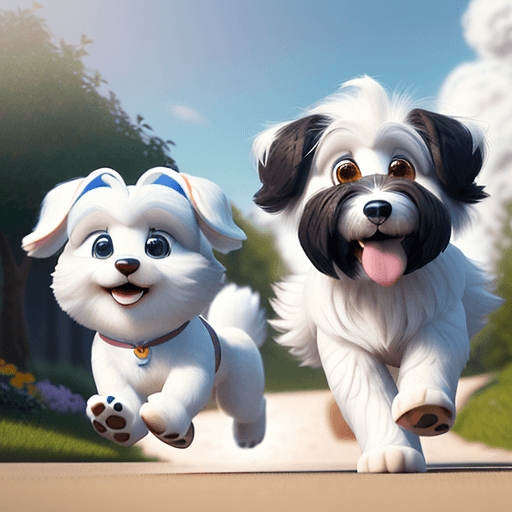 AI generated: Create a movie poster for Lumi and Tuisku, two cute Coton de Tulear dogs running happily, Disney Pix...