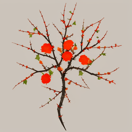 AI generated: plant branches of multicolored thorns, with a single orange-red flower