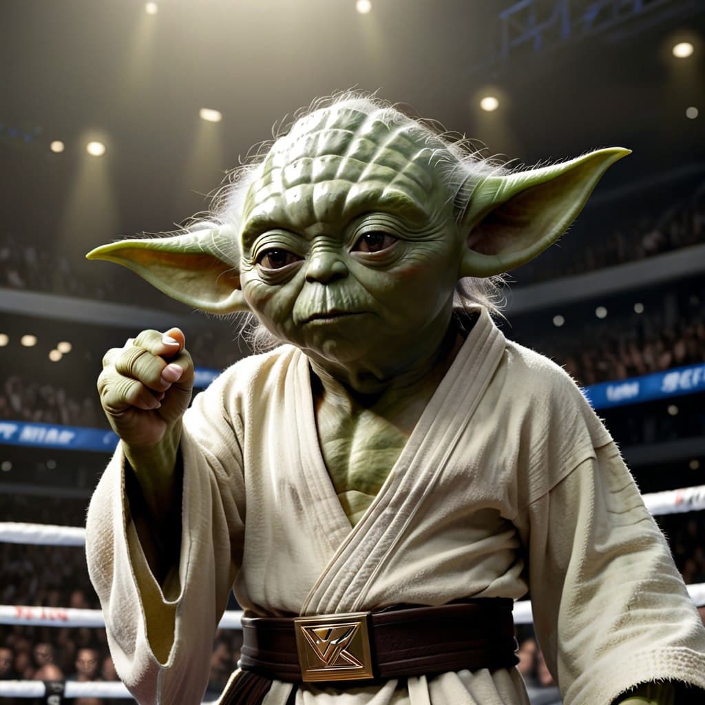AI generated: (Yoda:1.4) as a UFC champion, photo-realistic, (Masterpiece:1.3), (best quality:1.3), <lora:add_deta...
