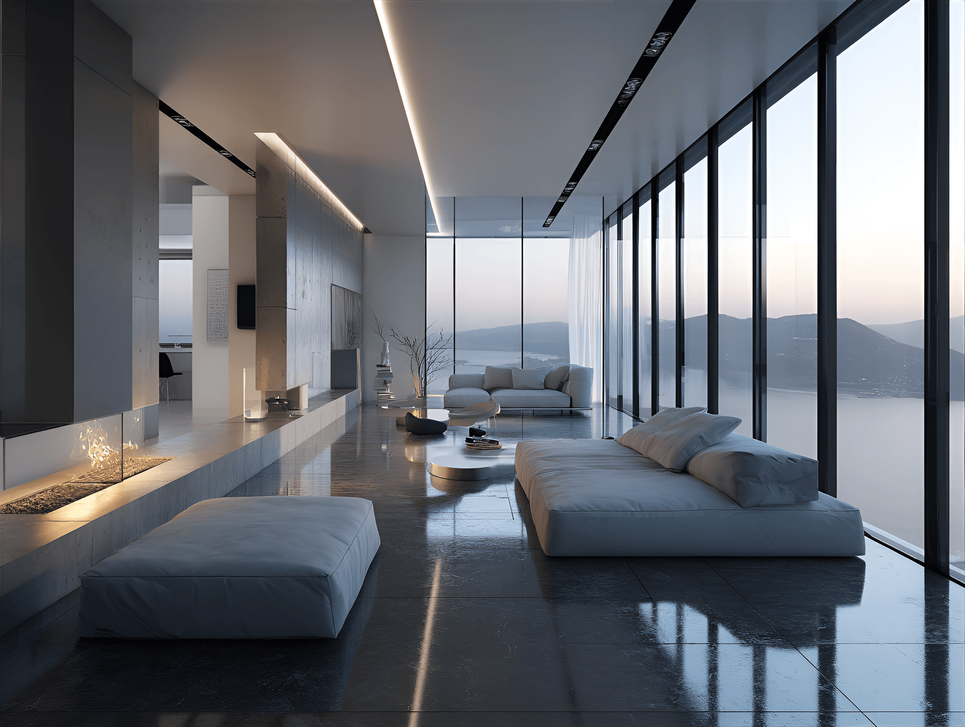 AI generated: futuristic minimalistic apartment, inspired by Japanese design, featuring sleek furniture, clean lin...