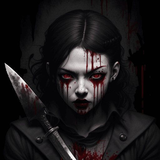 AI generated: blood, bloody, head with knives stuck, colored black eyes, demon slayer, 12k