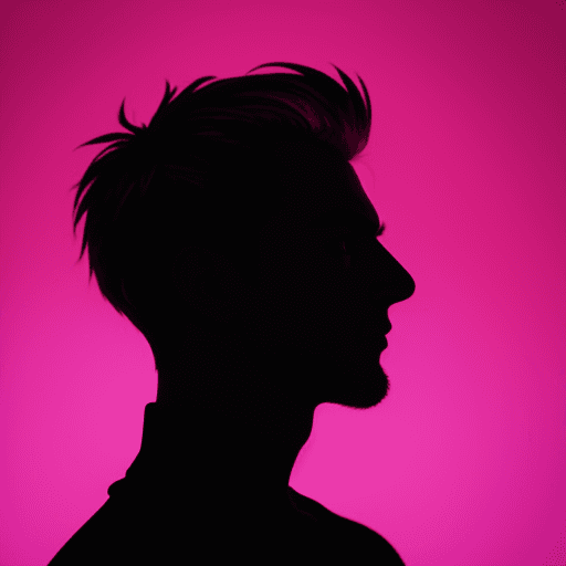 AI generated: photography, portrait of contrast, profile silhouette of a man, vibrant hot pink backdrop, visualize...