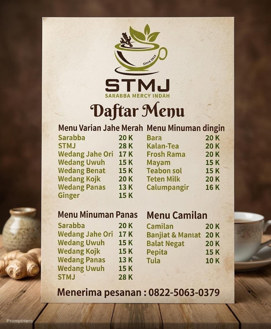 AI generated: STMJ & SARABBA MERCY INDAH

Daftar Menu: 

Menu Varian Jahe Merah:
- Sarabba 20 K
- STMJ 28 K
- Weda...