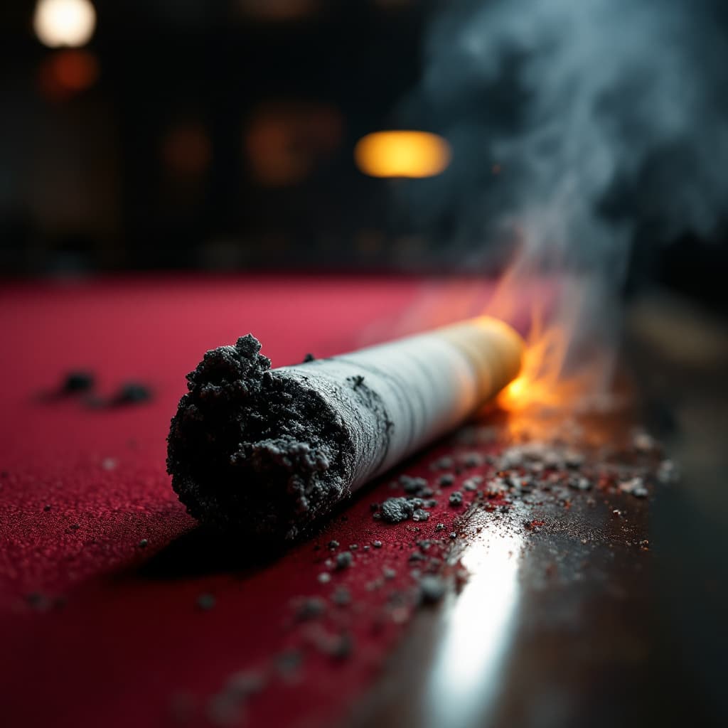 AI generated: A half burned cigarette with ashes still attached sitting on the rail of a pool table inside a smoky...