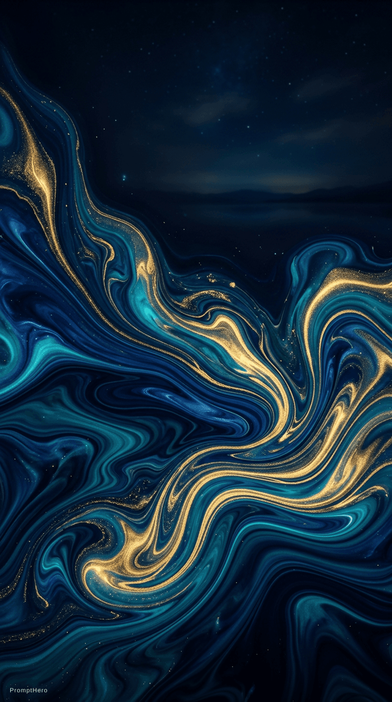 AI generated: abstract fluid art, deep ocean colors, blue teal and gold swirls, elegant and calming अनि रातिको सिज...