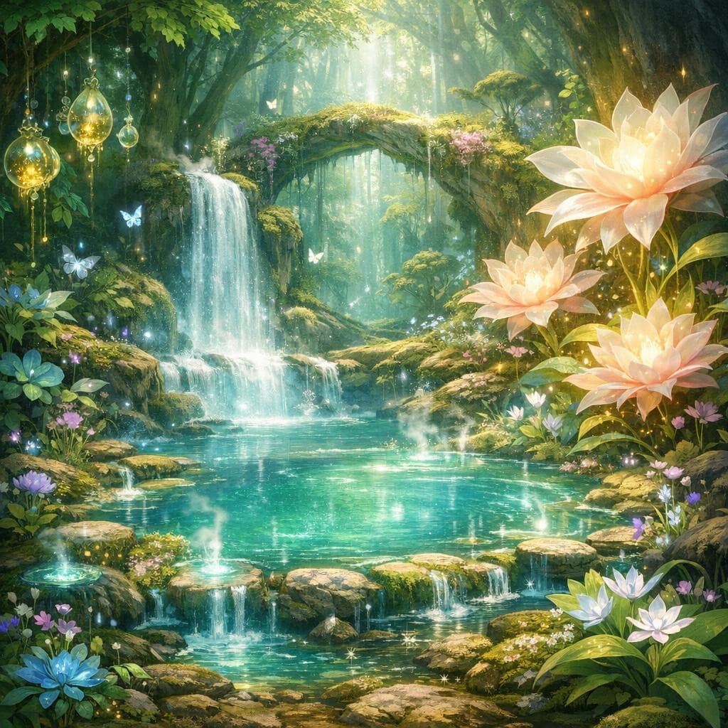 AI generated: Create a unique environment/Biome of a Health → The Vital Grove (healing waters, regenerative flora)...