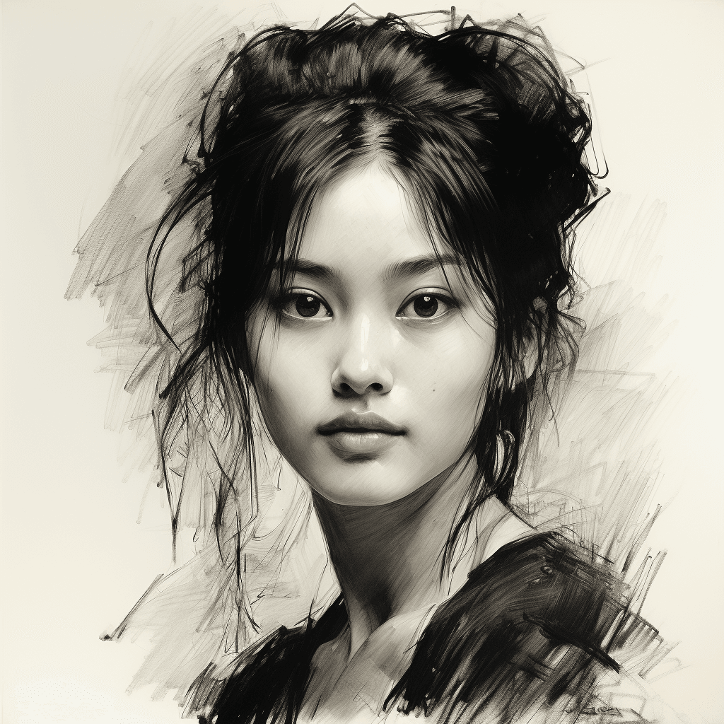 AI generated: charcoal drawing by Odilon Redon, sketch portrait, face only, an absolutely gorgeous petite Japanese...