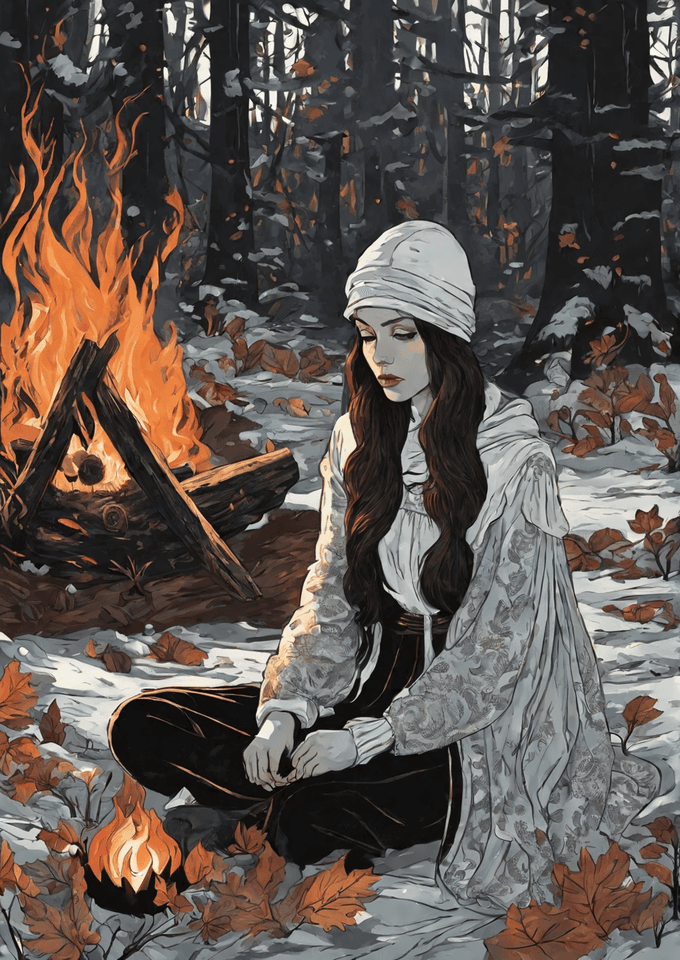AI generated: a girl in Slavic style is sitting by a campfire in a black autumn forest,art, abigail Larson style, ...