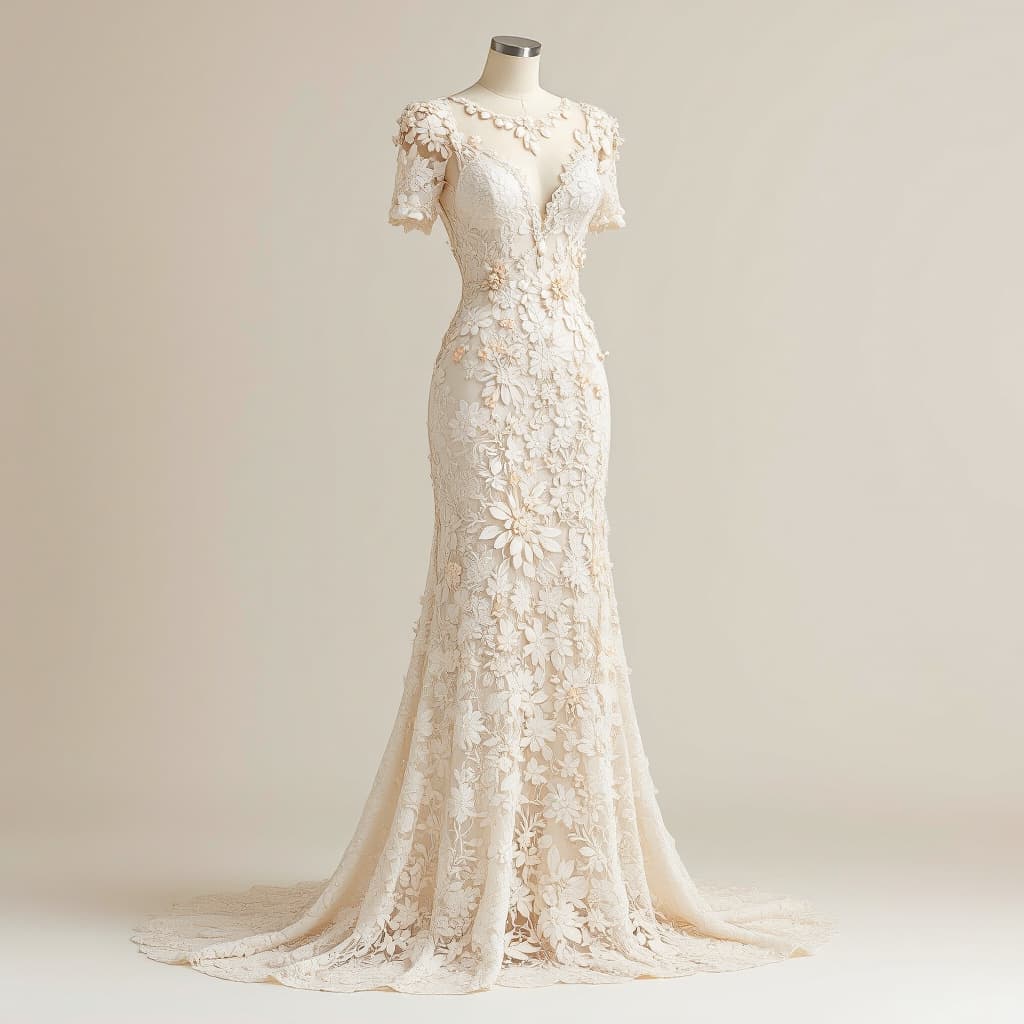 AI generated: "A breathtaking wedding dress made of crochet, featuring a simple yet elegant design adorned with co...