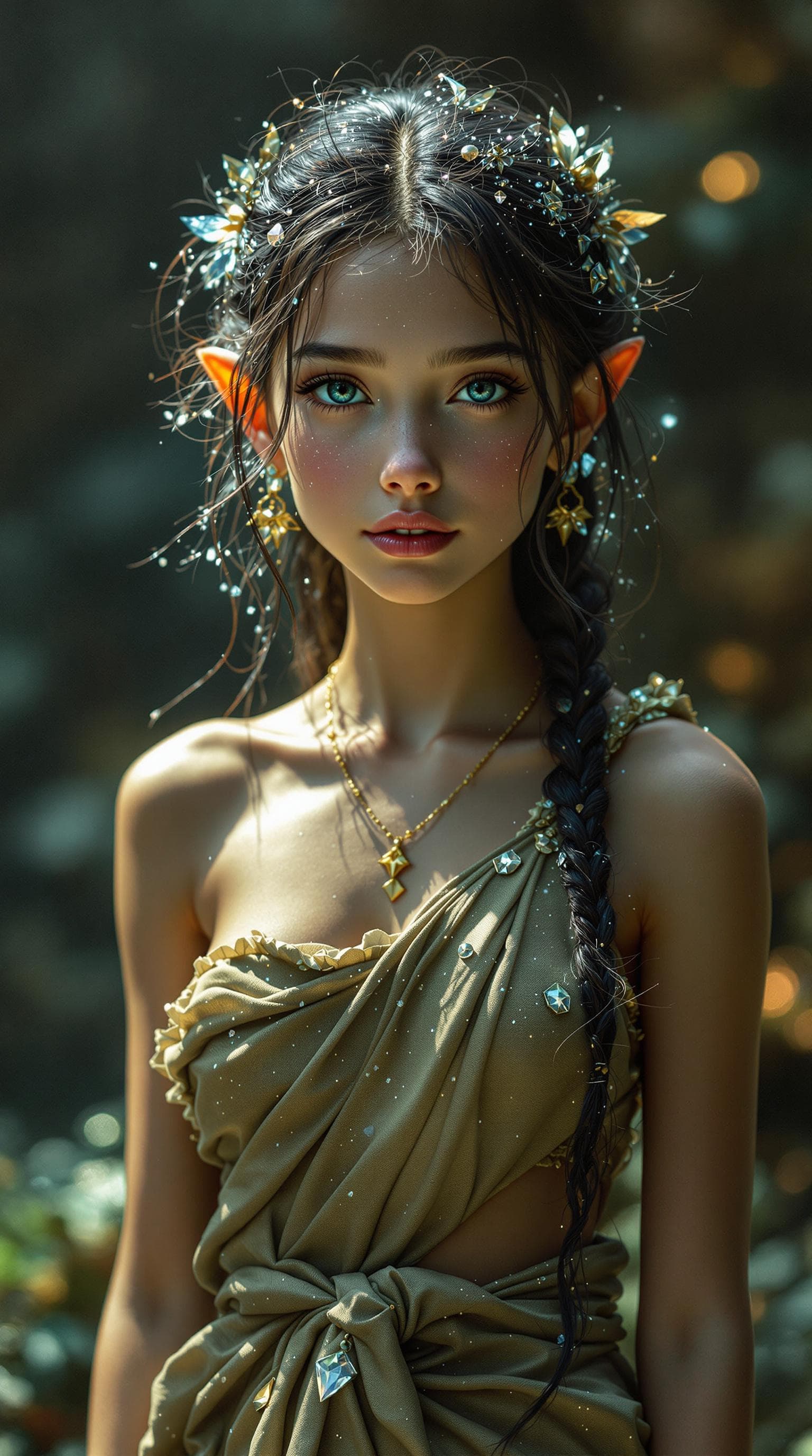 AI generated: a professional photo of a exceptionally of the most beautiful fae girl (age 13) in the world fae  wi...