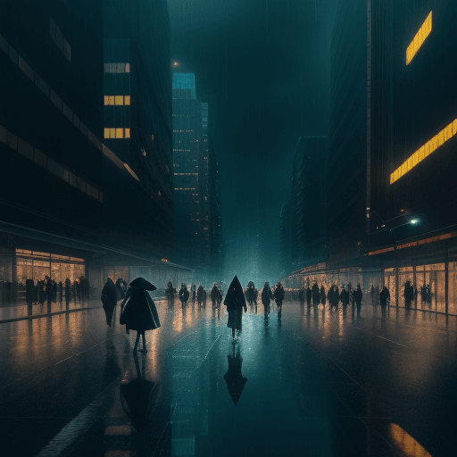 AI generated: city, tall buildings, neon lights, dark sky, people walking, reflection of water on the ground, 
cal...