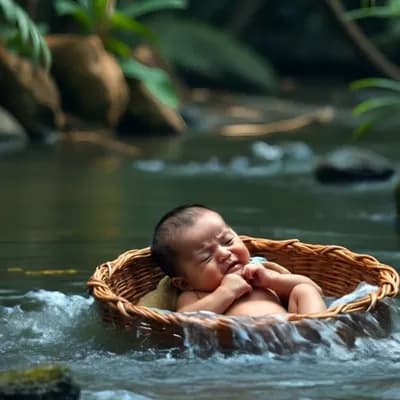 AI generated video: Born baby while crying flow in river sitting in a basket, camera follows baby 