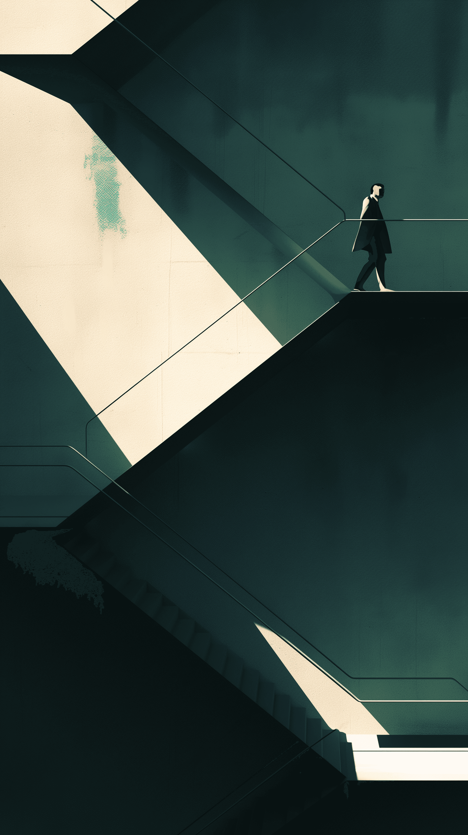 AI generated: illustration, man caught in a dramatic interplay of light and shadow inside a contemporary architect...