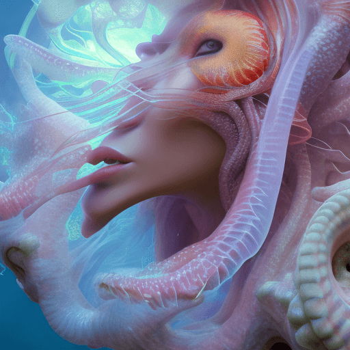 AI generated: Goddess close-up portrait ribcagel. jellyfish phoenix head, nautilus, orchid, skull, betta fish, bio...