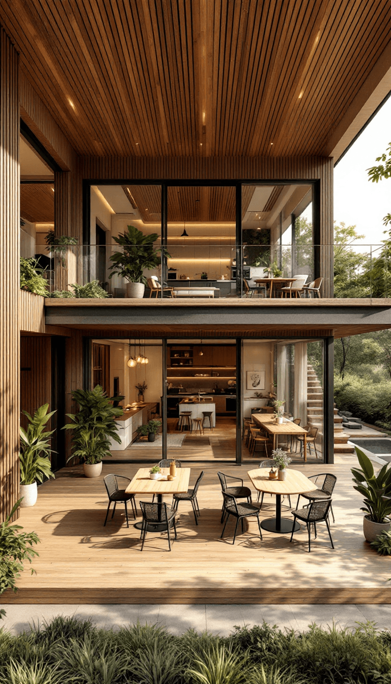 AI generated: A wide-angle shot of a two-story modern cottage house, with the second floor stretching across in wi...