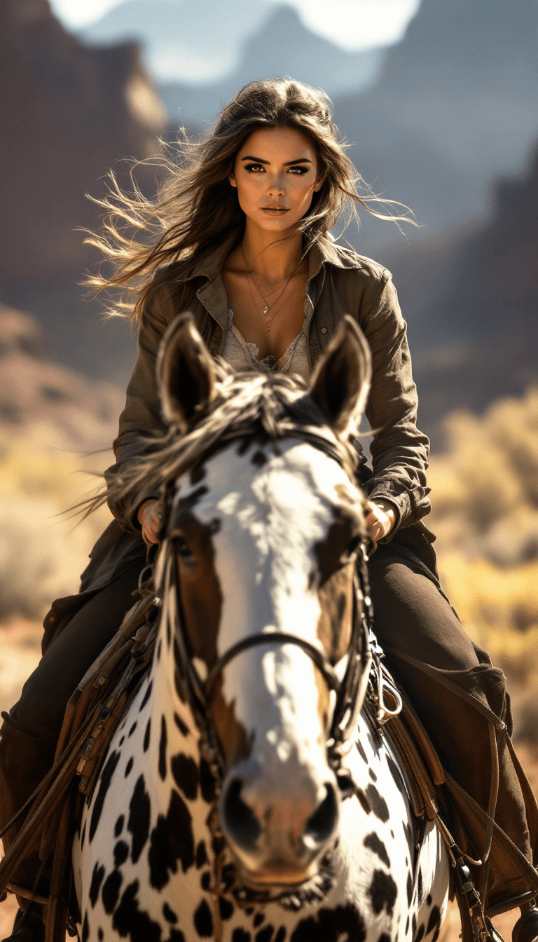 AI generated: Incredibly beautiful Brunette Cowgirl with light brown eyes, long eyelashes, black eyeliner, freckle...