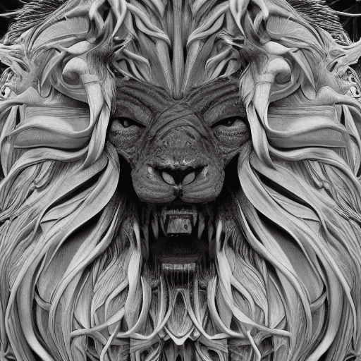 AI generated: Ezekiel 1:1, creature close-up portrait angle, full-length portrait, 4 heads, lion head, human head,...