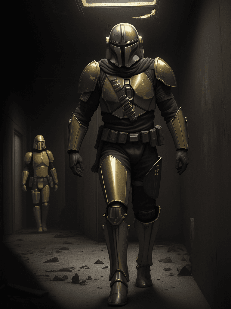 AI generated: A haunting scene of a mandalorian with a golden armor| golden armor(glowing eyes:1.2)| Staggering th...