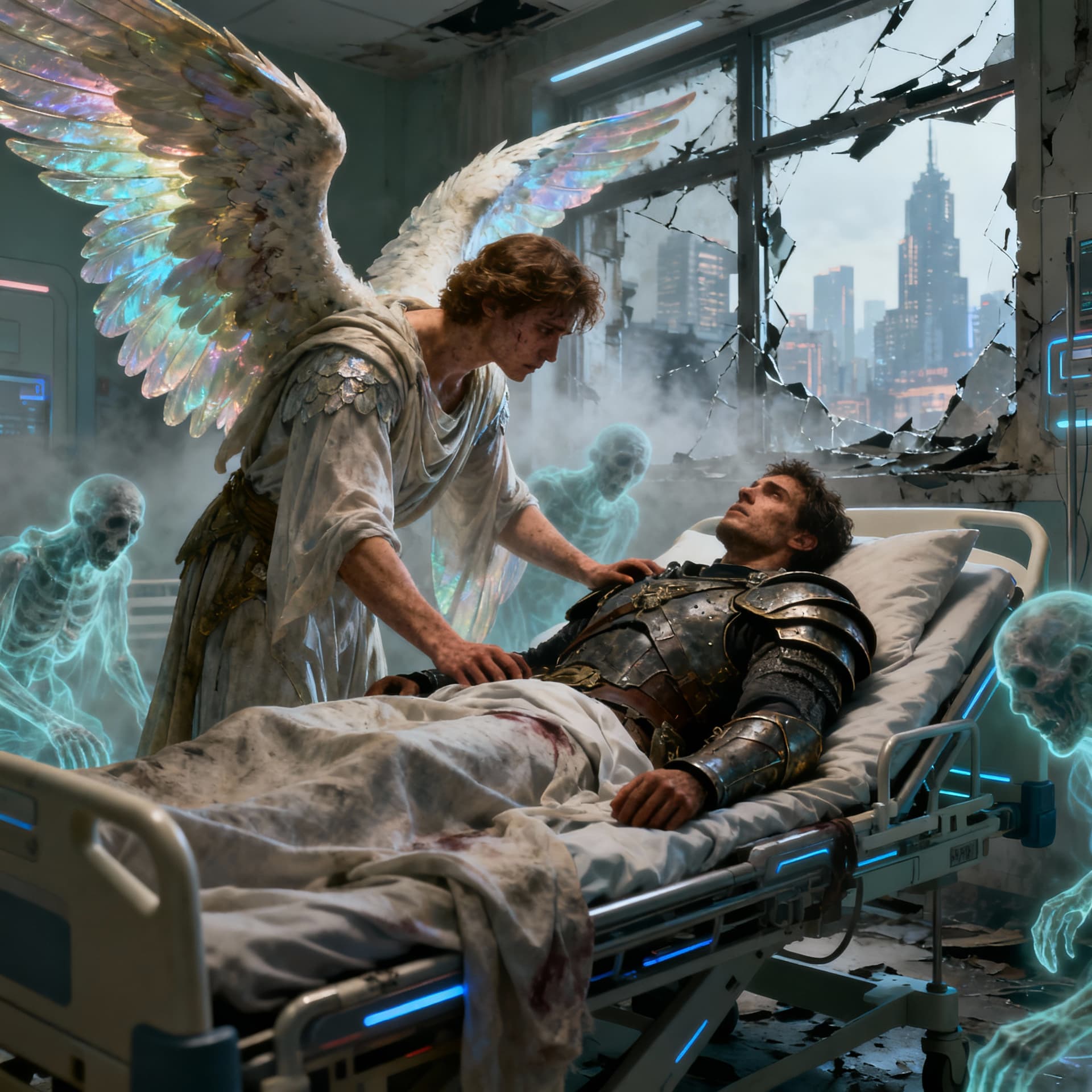 AI generated: Create an atmospheric colourful image depicting a scene from the poet W.B.YEATS in which the angels ...