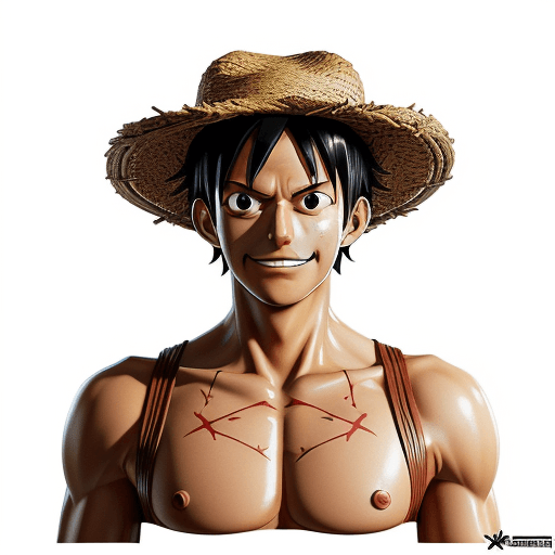 AI generated: Monkey D. Luffy, one piece anime, X-shaped scar on his chest, Straw Hat, symmetrical body, portrait,...