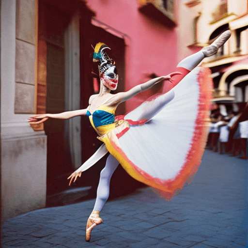 AI generated: ballerina, woman, attractive, harlequin, venetian carnaval, dancing, Kodak portra 800, photographic ...