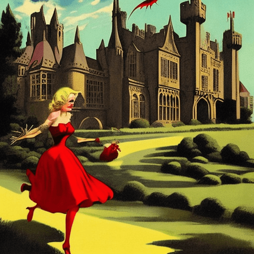 AI generated: vintage pulp cover, gothic mood, blonde woman in a red and yellow dress running from the gothic mano...