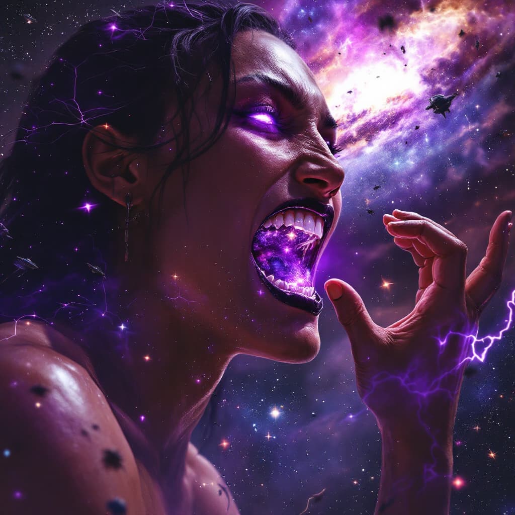 AI generated: enormous giantess Rhea Ripley  from WWE
bigger than a galaxy floating in space, minuscule galaxies i...