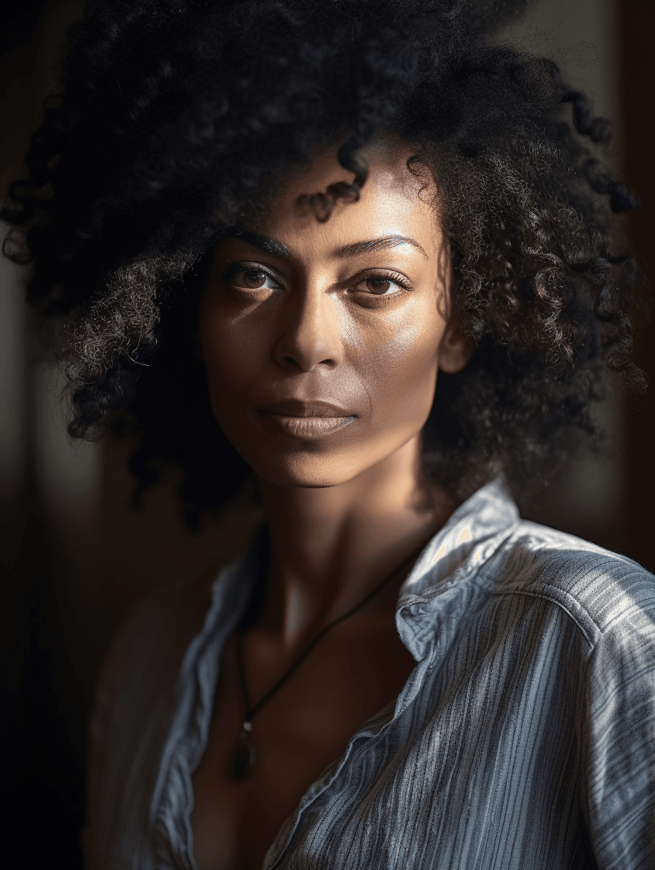 AI generated: Editorial Photography, half body portrait, beautiful 40 years old afro amercan woman, beautiful eyes...