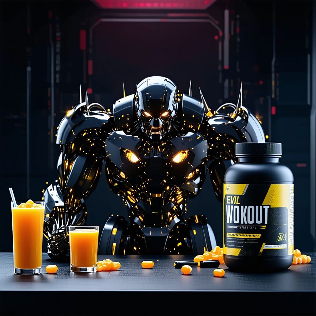 AI generated: evil preworkout, robots, unbelievable gains