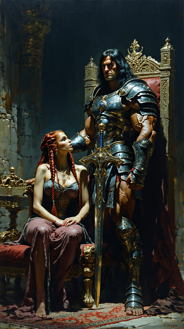 AI generated: An exquisite dark fantasy oil painting depicting the formidable Lord Conan, the emperor of the Waste...