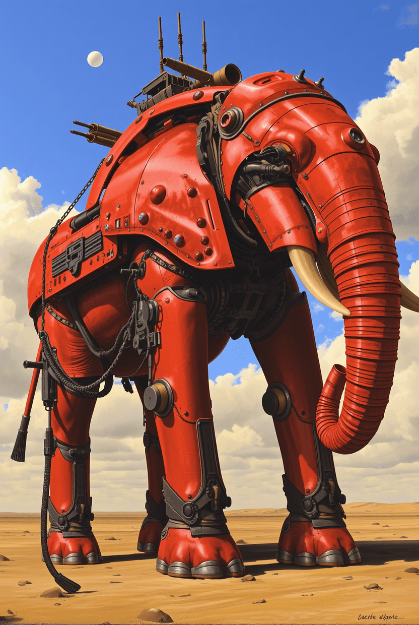 AI generated: red cybernetic elephant surrealism