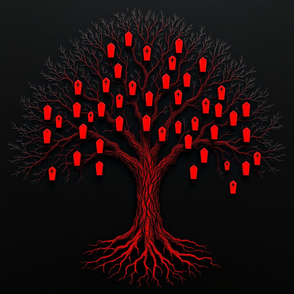 AI generated: Hyper realistic Combine the tree of life with the organized crime chart without faces. Make the tree...